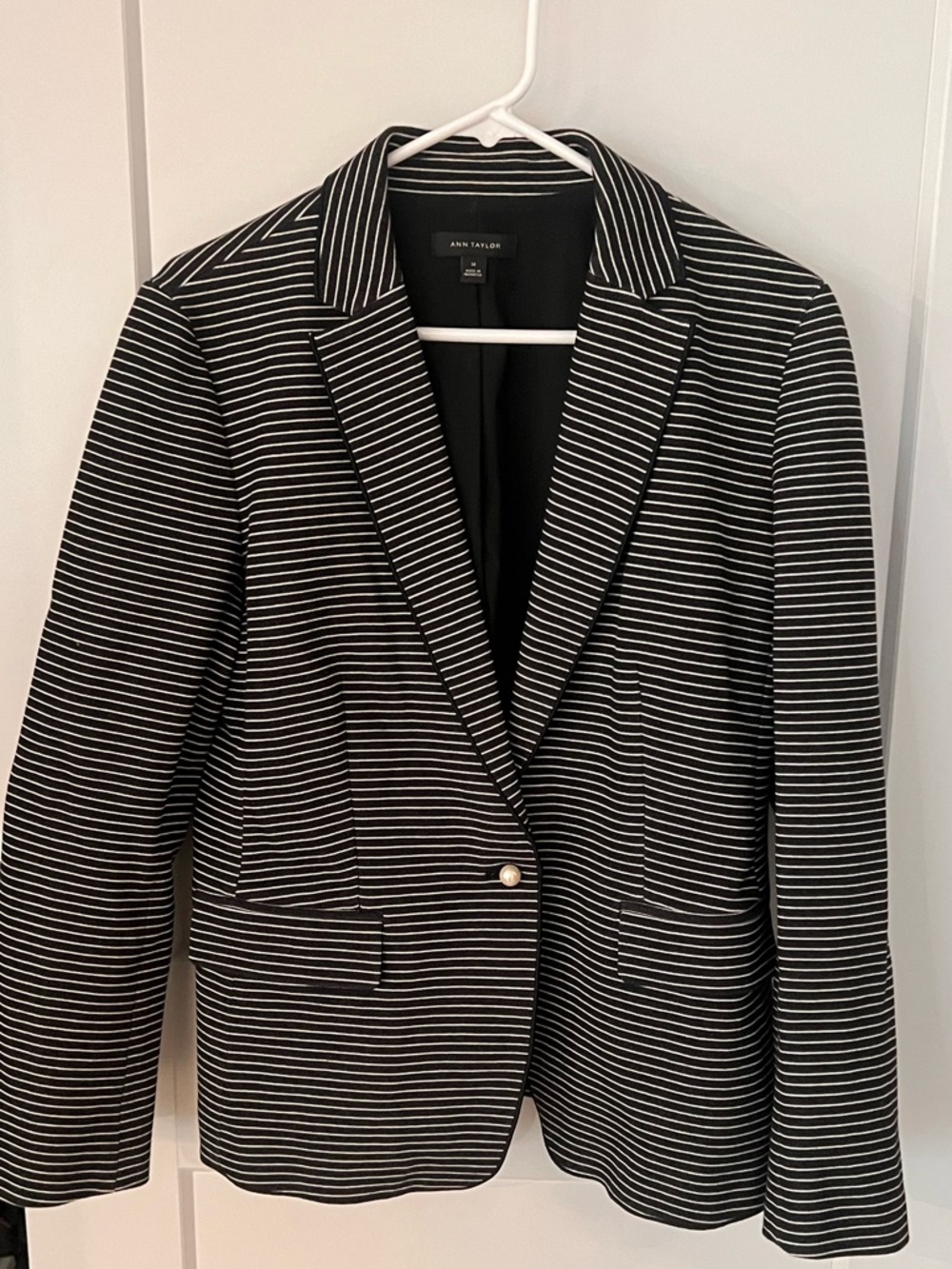 Ann Taylor Black and White Striped Blazer With Pearl Buttons